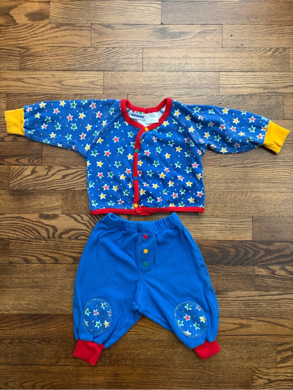 Vintage 90s Miniwear Infant 3/6 Mos. 2-Piece Top Pants Set Button Colorful Stars